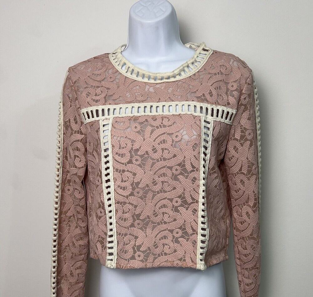 Endless Rose Pink Lace Long Sleeve Cropped Rear Full Zipper Top Sz Medium